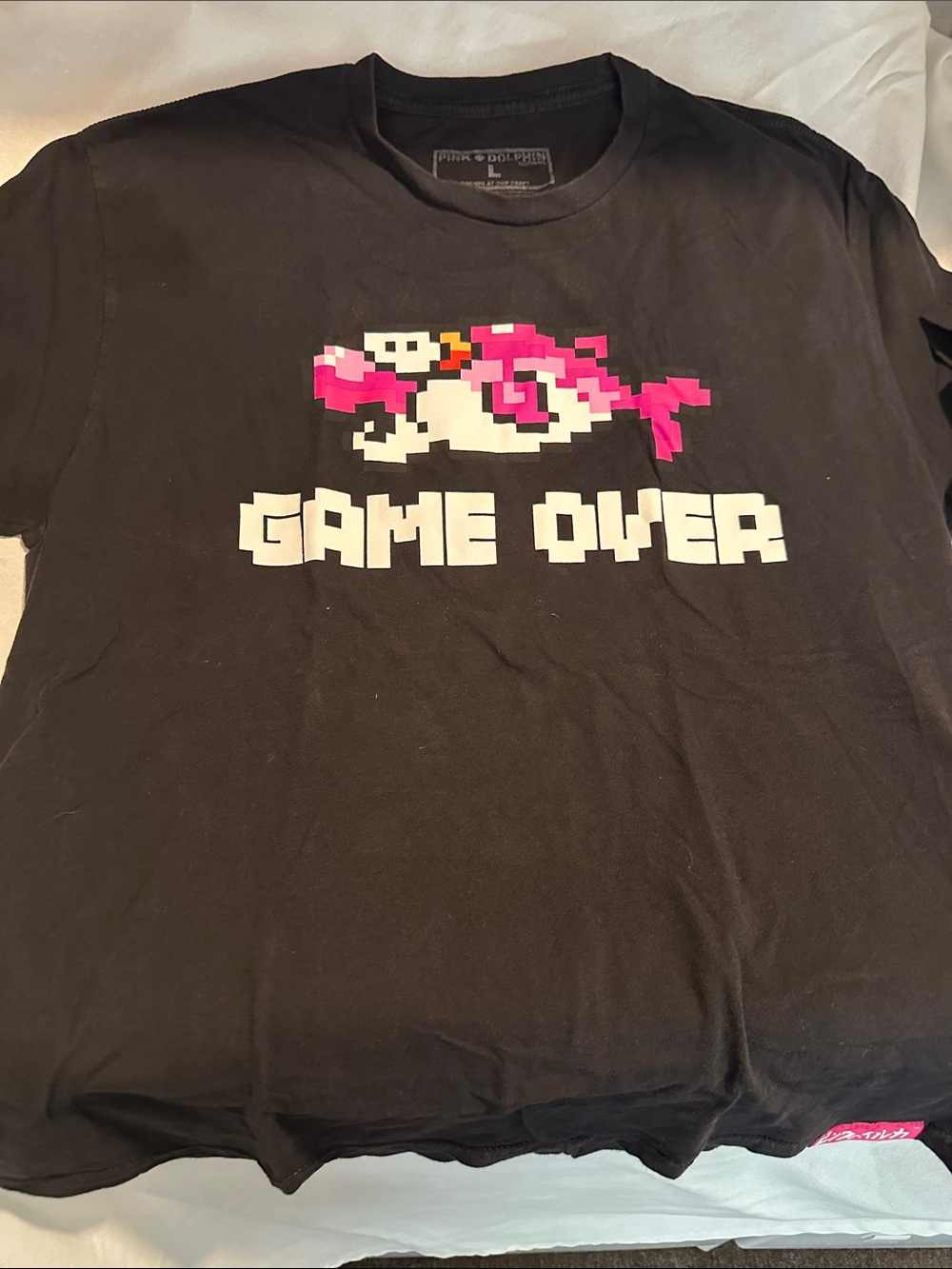“Pink+Dolphin Clothing”Black Tee with Pink & White Pixel Dolphin Graphic!